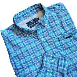 Vineyard Vines Harbor Shirt Vented Performance Fish Hike Blue Green LS Mens Sz L